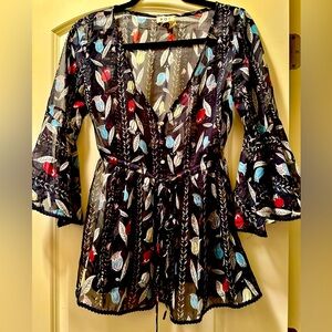 New POL Navy and Red sheer Tie Front Blouse with 3/4 Sleeves